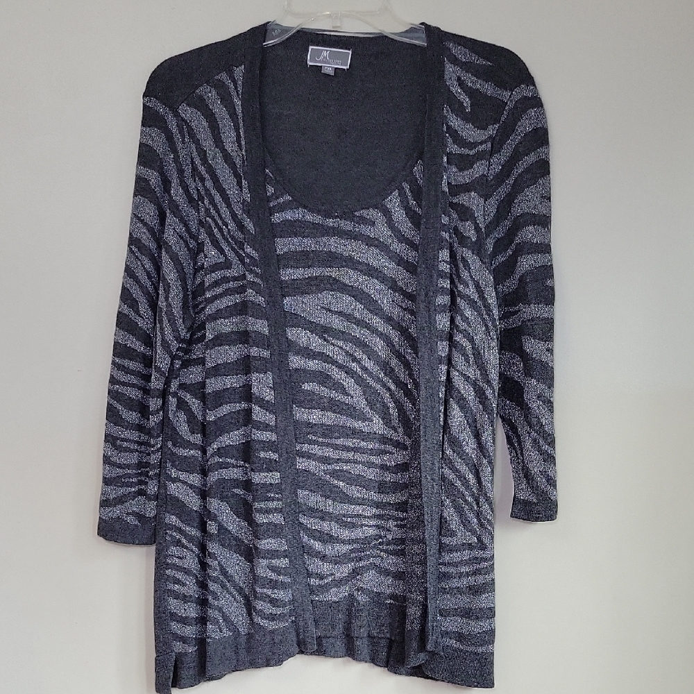 JM Collection Mock Twin Set Cardigan Grey/Silver Zebra Stripes‎ Woman's PXL
